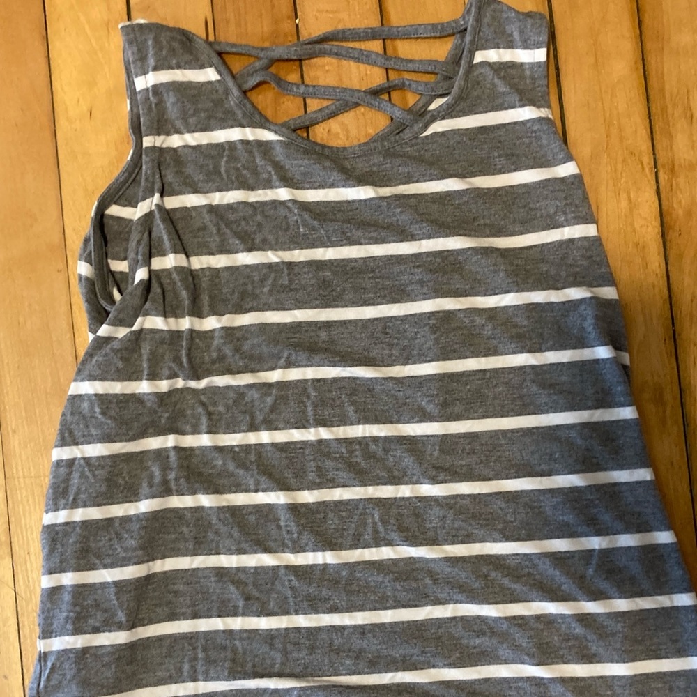 Rumi+Ryder grey and white striped tank.